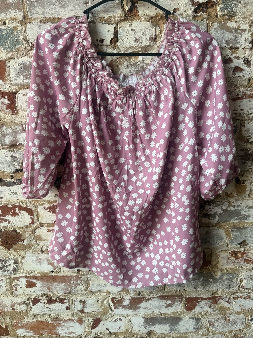 Women's Off-the-Shoulder Pink Daisy Peasant Blouse with Smocked Neckline
